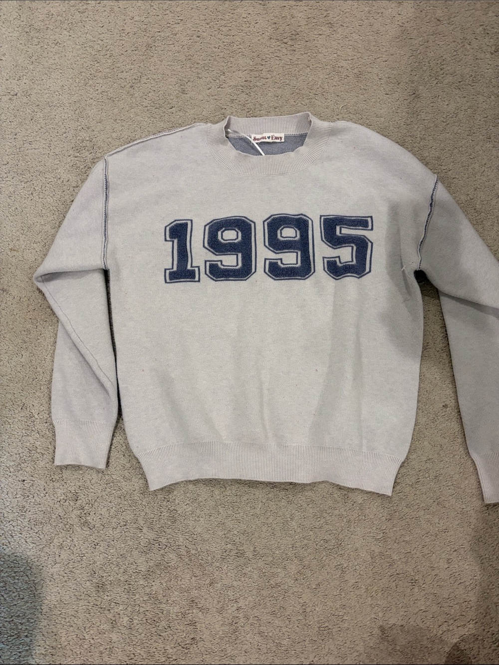 envy Light Gray Crewneck Sweater with Navy '1995' Appliqué